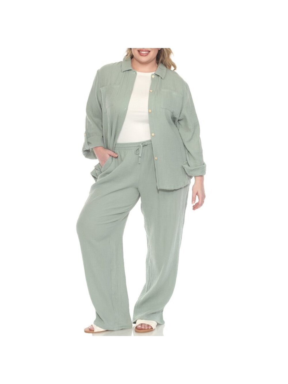 White Mark Plus Size 3X Long Sleeve Button Down+Pants Cotton Gauze Set Green $92
